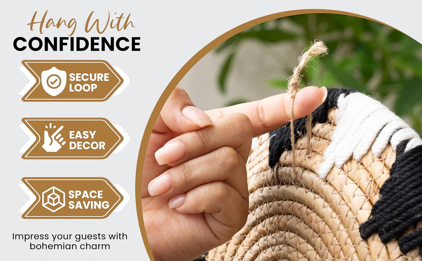 Tebie At Home Boho Wall Art - Boho Wall Baskets Decor - Handmade Set of 5 Woven Baskets With Seagrass - Flat Elegant Art for Farmhouse and Rattan Decor for Living Room, Bedroom and Office