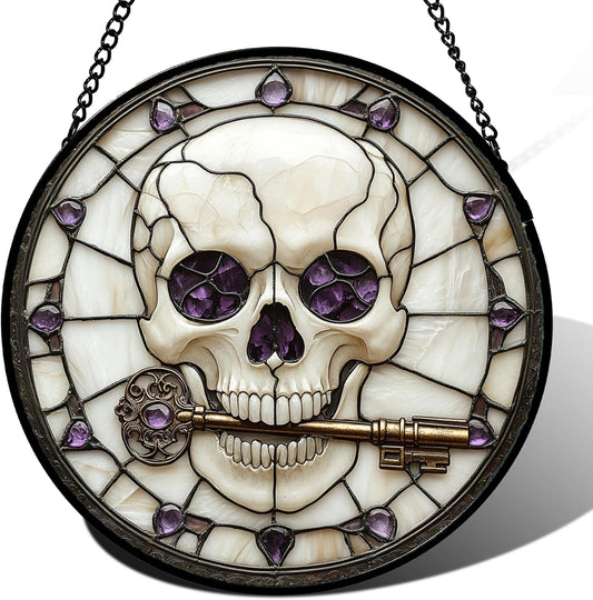 Stained Glass Window Hanging - Halloween Scary Skull Suncatcher for Doors Garden Home Spooky Purple Skeleton Key Sun Catchers Gothic Decor Horror Gifts for Women Men Friend Boy Girl 6.3 in