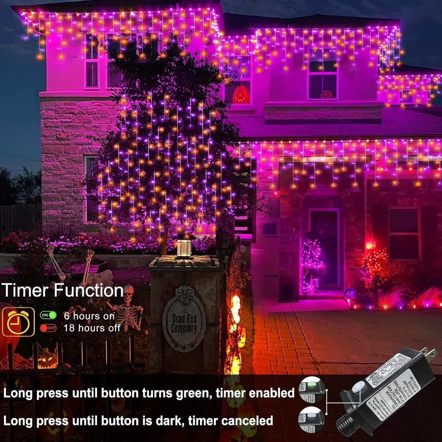 66ft Halloween Lights Outdoor, 640 LED Icicle Lights for Outside, Orange and Purple Twinkle Lights with Connectable Clear Wire 8 Modes Timer Waterproof for House Party Tree Holiday Yard Decorations