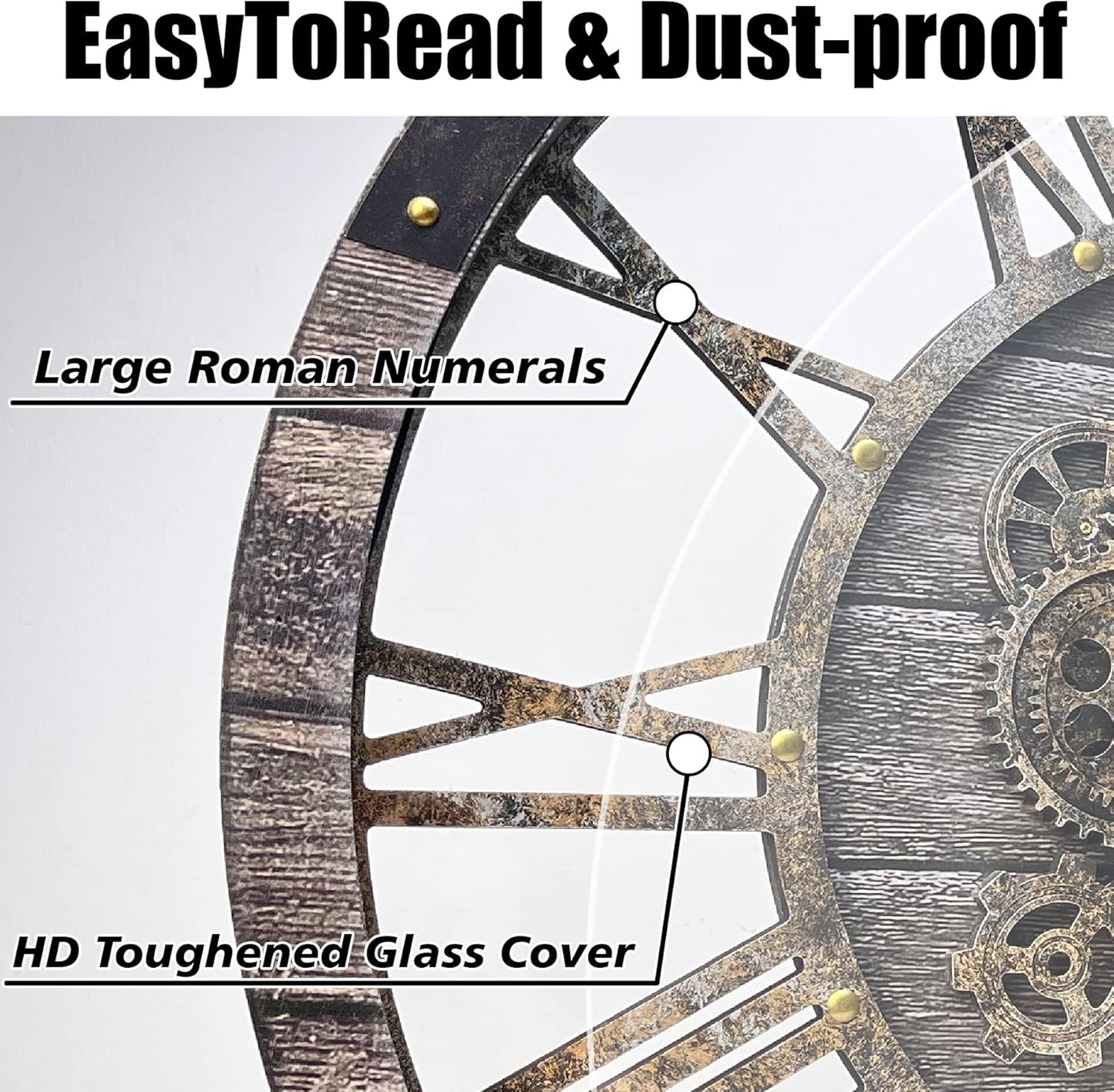 DORBOKER 27" Real Moving Gears Large Wall Clock with Toughened Glass Cover, Giant Wood Farmhouse Clock, Oversized Vintage Industrial Rustic Clock for Living Room Decor Home Kitchen (Carbon Grey)