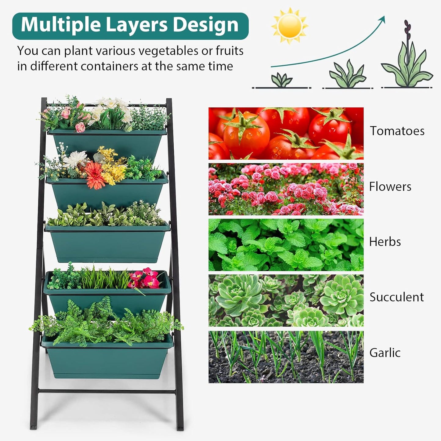 S AFSTAR 5-Tier Vertical Garden Planter, 5-Layer Raised Garden Bed with 5 Detachable Planter Boxes & Metal Frame, Indoor Outdoor Elevated Planting Containers for Flower Vegetables Fruit Herbs