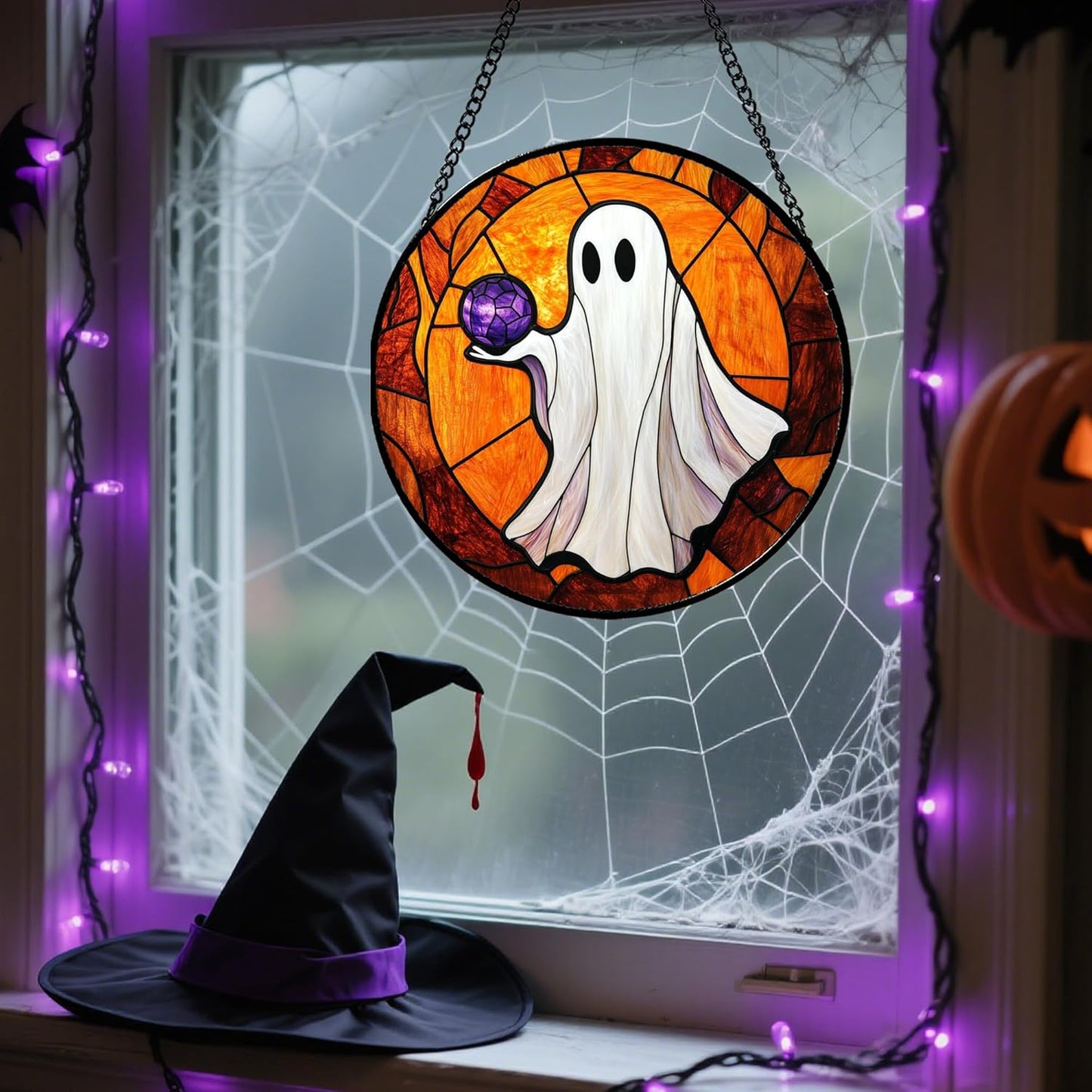 Stained Glass Window Hanging - Halloween Decorations Ghosts Vampire Suncatcher for Doors Garden Indoor Funny Spooky Sun Catchers Gothic Decor Horror Gifts for Women Men Friend 6.3 in