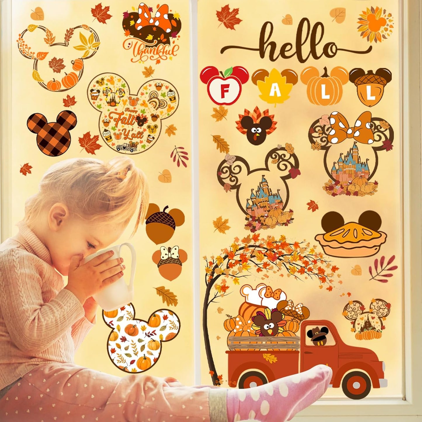 Mouse Themed Fall Window Clings - 9 Sheets Removable Thanksgiving Stickers for Glass Windows, Autumn Decorations