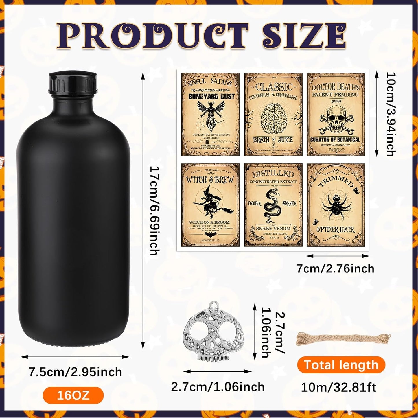 Uiifan 31 Pcs Halloween Potion Bottles Set Including Glass Apothecary Bottles with Cork Stickers and Pendants Halloween Decorations Indoor Party Supplies(Black,16 oz)