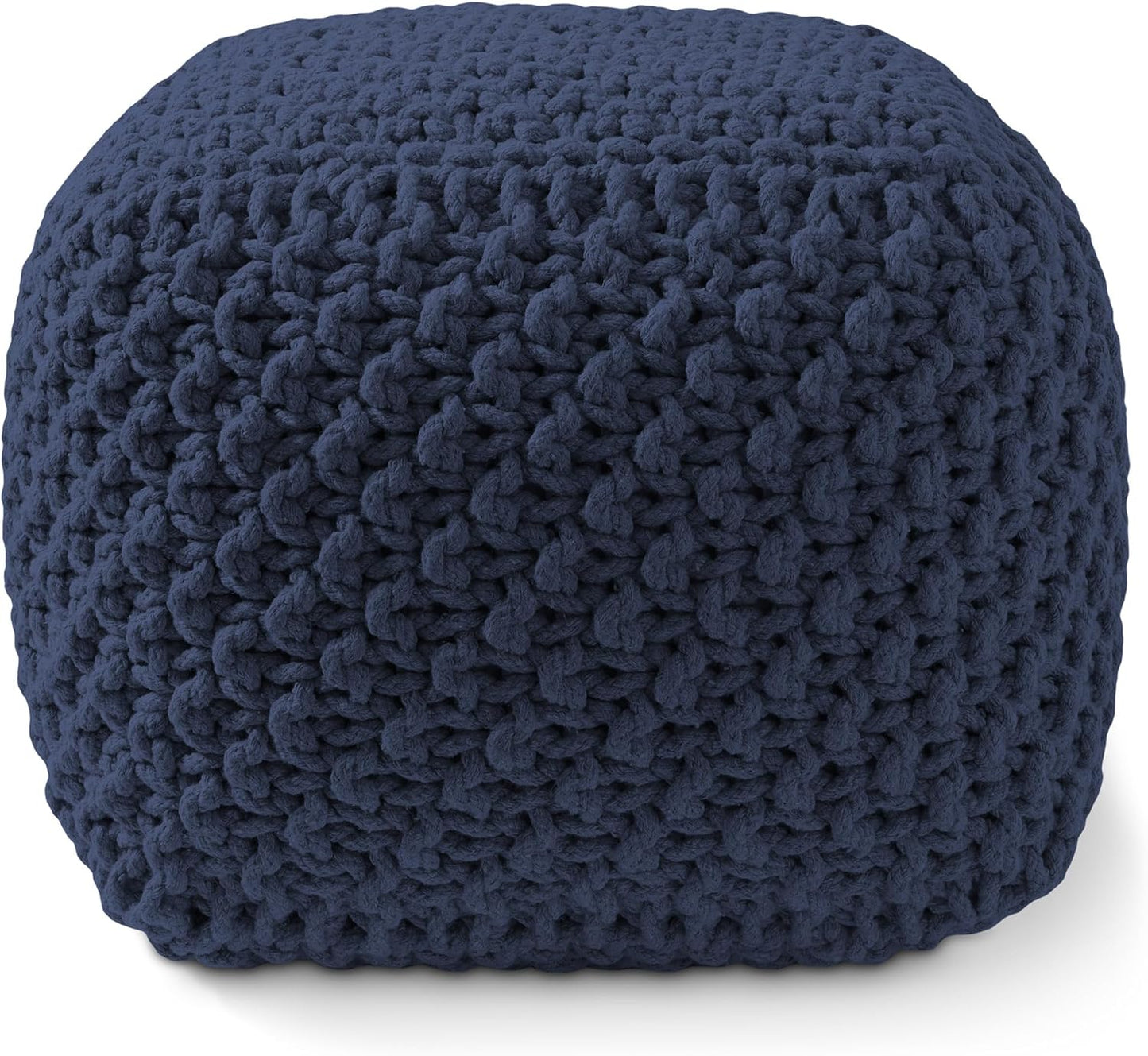 Casafield Square Pouf Ottoman, Navy Blue 18.5" W x 18.5" D x 14.5" H Cotton Knit Foot Stool - Boho Floor Pouffe for Living Room, Bedroom, Home Office