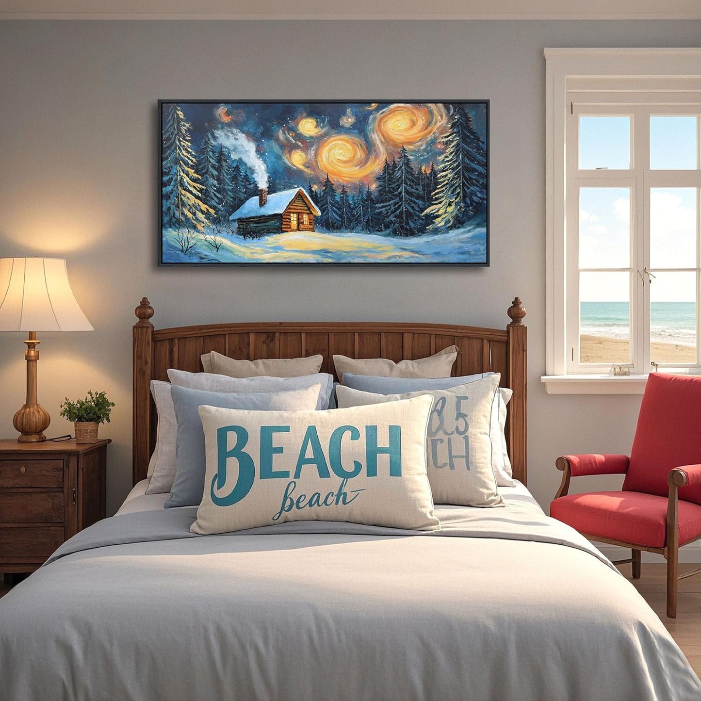 QZQCBLC Vintage Forest Wall Art, Large Farm Hut Landscape Pictures White Snow Green Trees Orange Clouds Abstract Painting Framed Artwork for Living room Bedroom kitchen Home Office Decor 24x48 IN