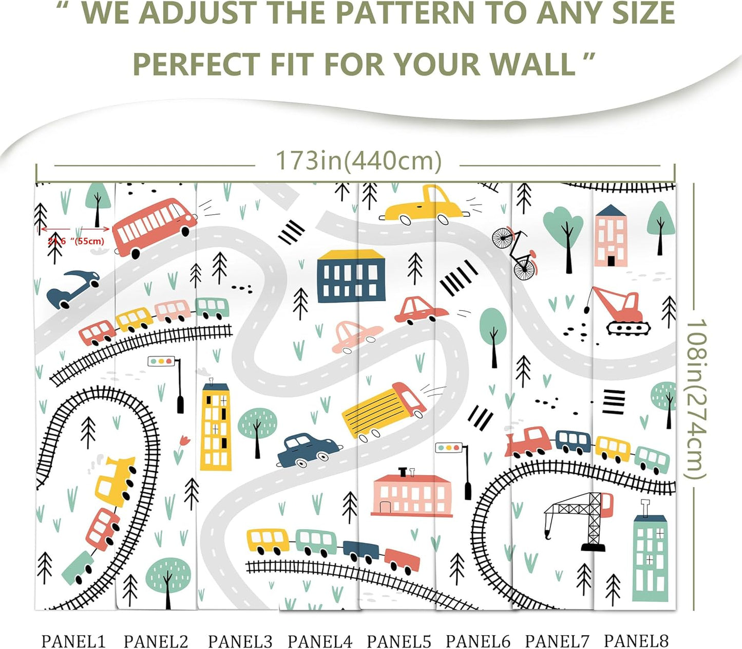 Cartoon Car Roadmap Wall Mural Bus Wallpaper for Kids Room Bedroom Living Room(Not Peel and Stick)