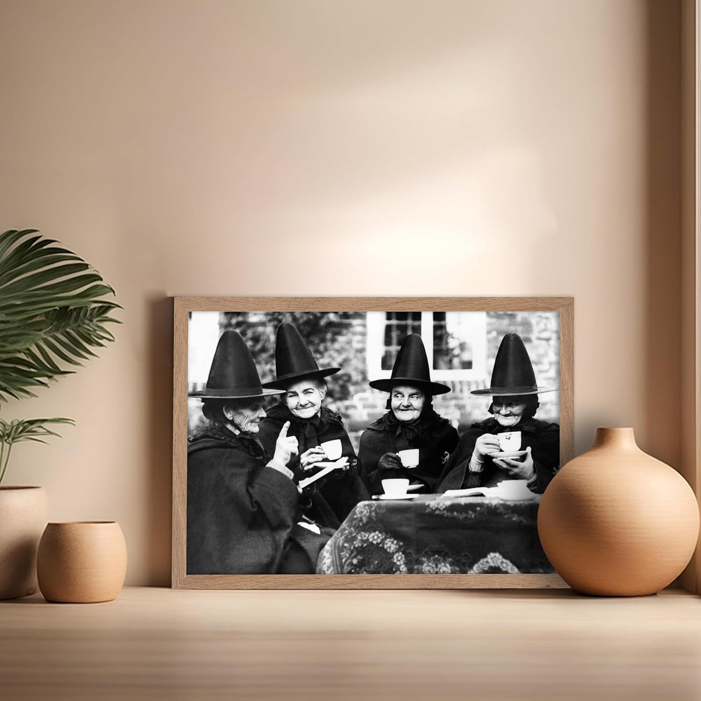 Poster Master Classic Photograph Poster - Vintage Halloween Print - Gift for Artist, Friend - Witches Tea Party, Old Women Smiling, Wearing Robes - Wall Decor for Living Room, 16x20 Beige Framed