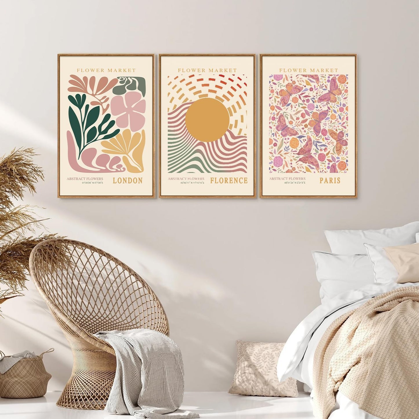 Tinonedraw Boho Flower Market Framed Canvas Wall Art Set, Pink Beige Cute Butterfly Wall Decor, Colorful Abstract Floral Wall Painting, Modern Matisse Art Print for Girls Room Bedroom Office Nursery 16"x24"x3
