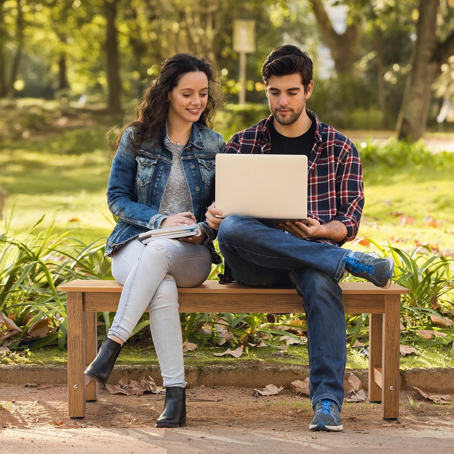 Outdoor Bench, 2-Person Poly Lumber Garden Bench, All-Weather Patio Bench Will not Rot and Fade for Garden, Porch, Backyard and Park, Easy Installation, Teak