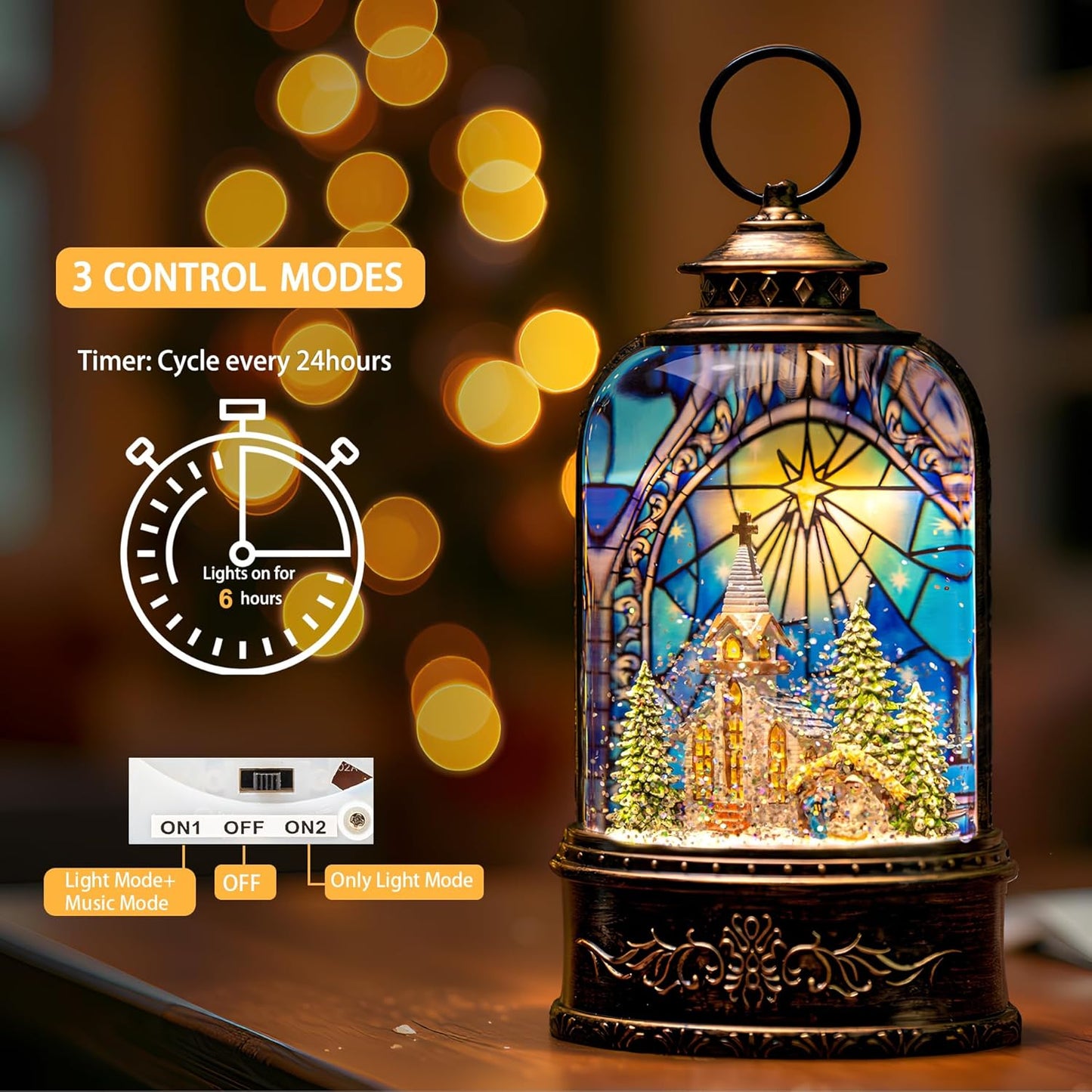 Christmas Snow Globe Lantern Water Glittering Churches & Holy Family with Music& Timer, USB Lined/Battery Operated Lighted Lantern for Christmas Festival Decoration Gifts