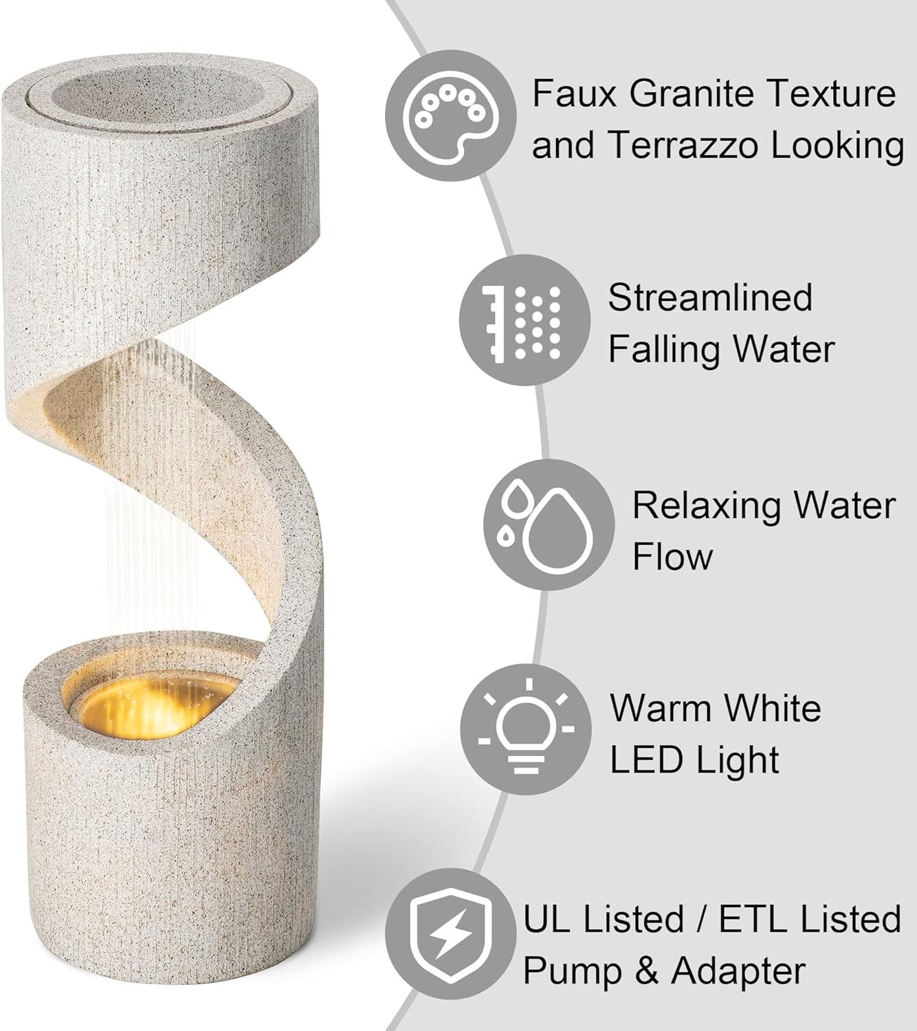 Glitzhome Decorative Tiered Outdoor Water Fountain with LED Light Vintage Curved Waterfall Fountain with Stone Planter Rustic Faux Terrazzo Spiral Shaped Fountains for Garden Patio Deck Porch, 40.25”H