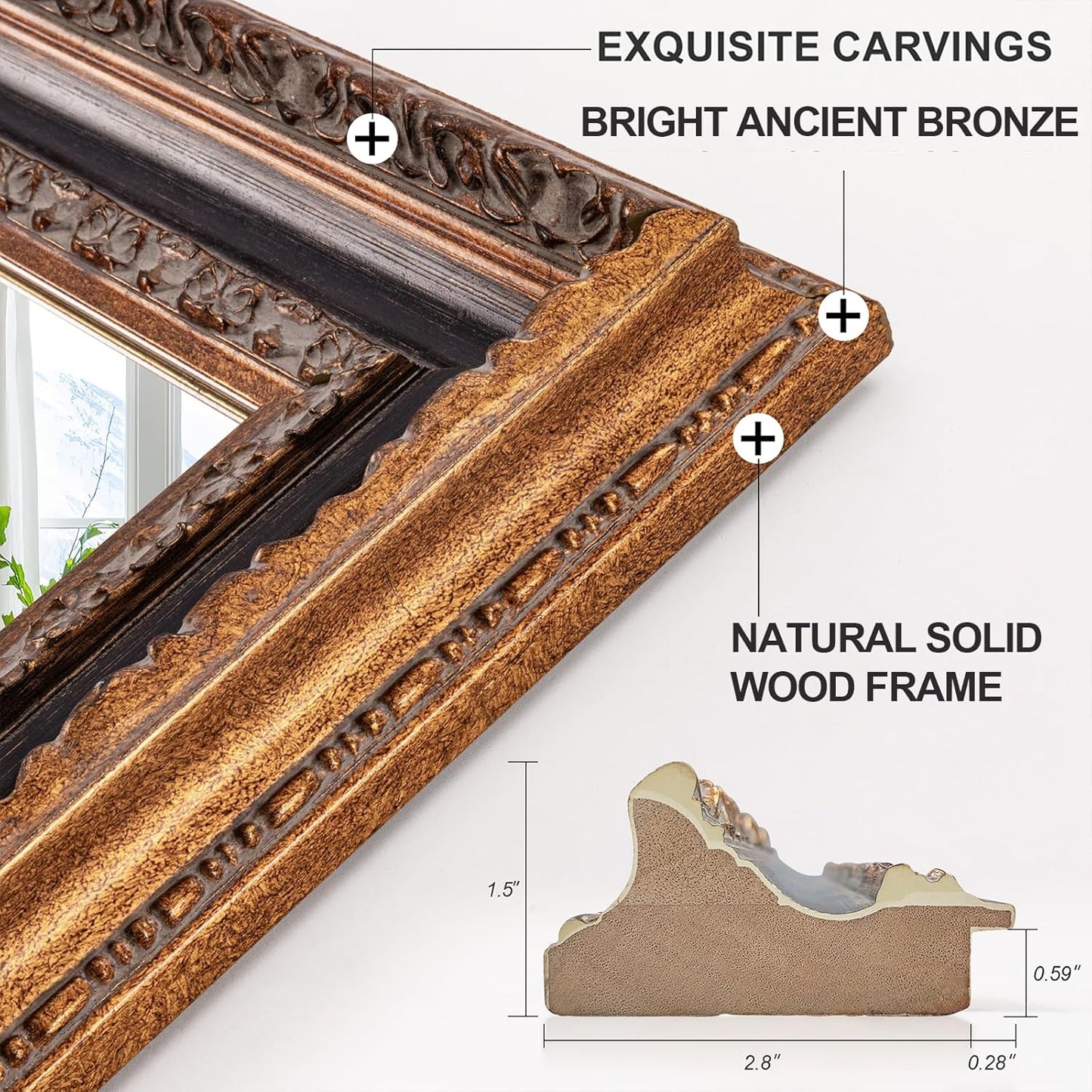 Narrow Vintage Wall Mirror, 46" X 22.5" Decorative Mirror with Black and Bronze Handmade Aging Carvings Solid Wood Frame for Baroque Bathroom, Living Room, Fireplace, Entryway and Bedroom