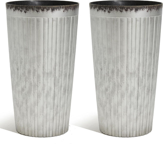 Worth Garden 22.5" H. Plastic Planters - Set of 2 Silver Color Tall Conical Plant Pots for Indoor Outdoor Use - Decorative Lightweight Flower Pots for Front Porch, Patio, Deck - 12.5" Dia x 22.5" H