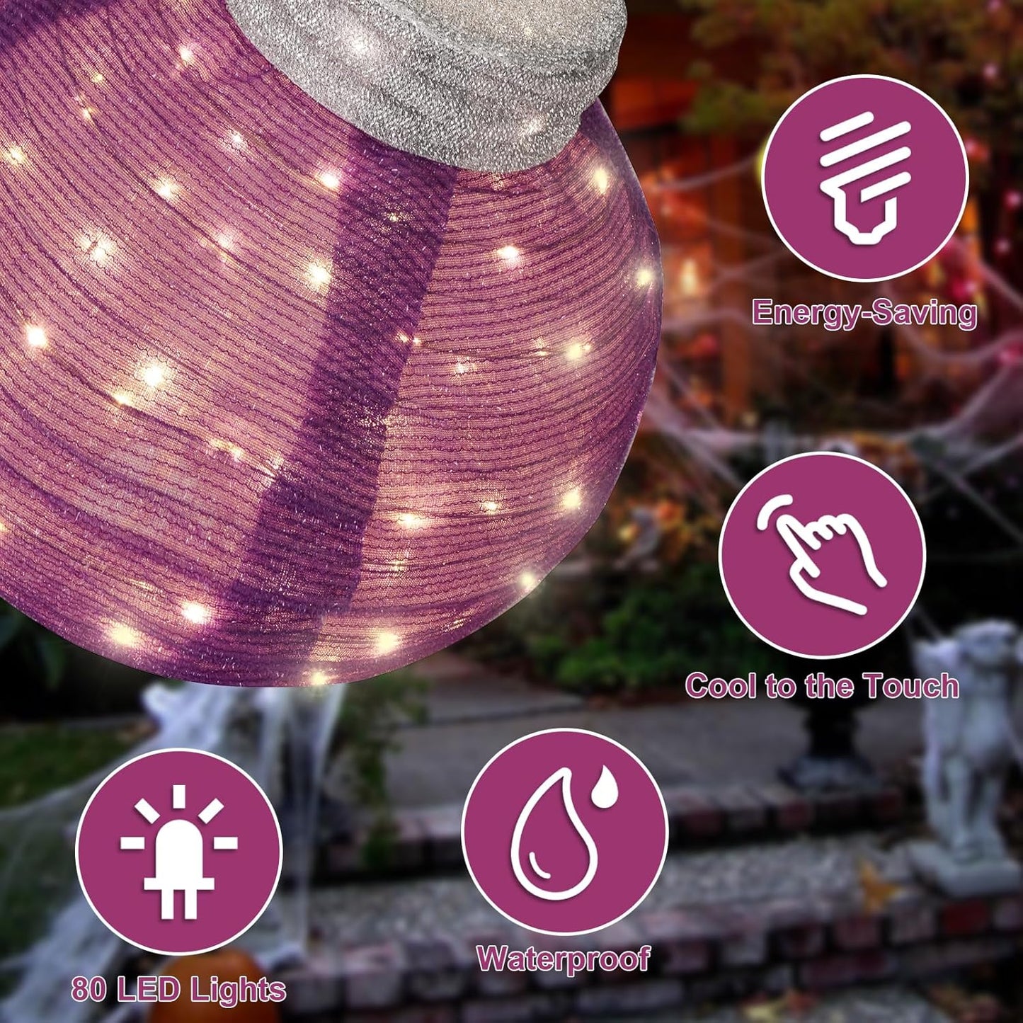 BRIGHTDECK Outdoor Halloween Ornaments, Lighted Pop-Up Outdoor Holiday Ball Decoration with 80 LED Lights, 8 Light Modes, Lighted Collapsible Holiday Decorations for Yard, Home (Purple)