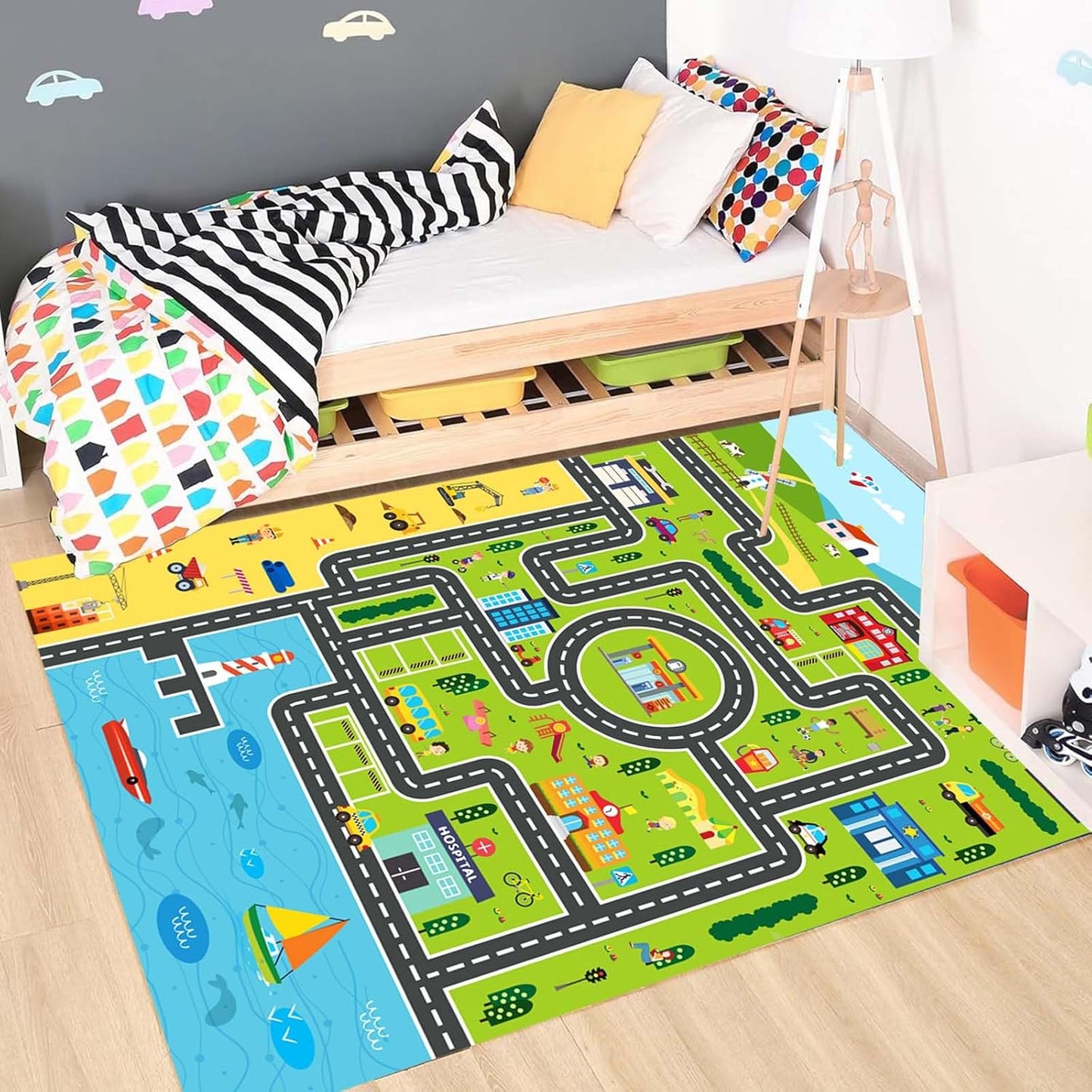 Kids Rug Playroom Car Rug Play Mat City Life Road Rugs Fun City Map for Kids Toy Cars,Carpet for Bedroom Boys (Green-Rug, 2.6x3.9ft)