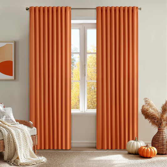 MIULEE Orange Back Tab Blackout Curtains 90 Inch Long 2 Panels Set for Living Room Bedroom Privacy, Rod Pocket/Pinch Pleated Fall Thermal Insulated Room Darkening Light Blocking Curtain, 52 x 90 Inch