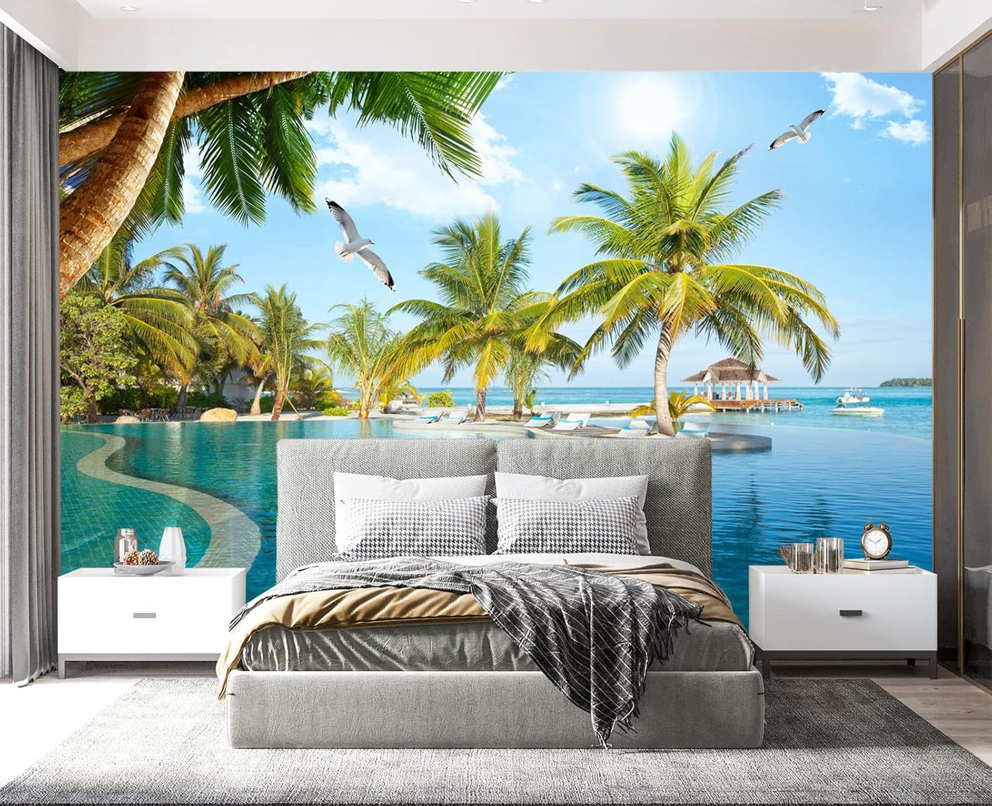 Palm Trees and Blue Sky Summer Island Wall Mural Wallpaper for Bedroom 137" x 100"