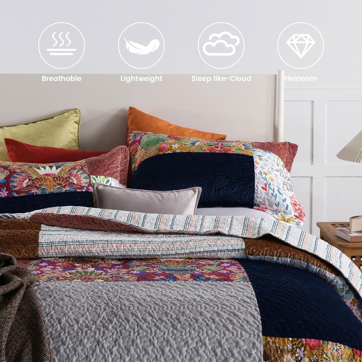 Secgo Queen Comforter Set for Bed - 100% Cotton Quilts Queen Size, Black Bedspreads (90 * 98 Inch) with 2 Pillow Shams, Patchwork Reversible Lightweight Bedding