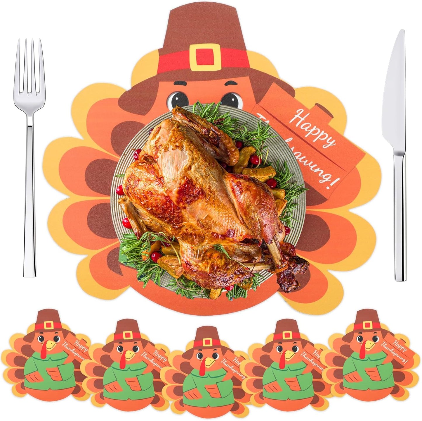 Remerry 6 Pcs Thanksgiving Leather Table Placemats Washable Turkey Table Mats Turkey Gobble Placemats Easy to Clean Thanksgiving Day Leather Place Mats for Fall Harvest Party Kitchen Dining Decoration