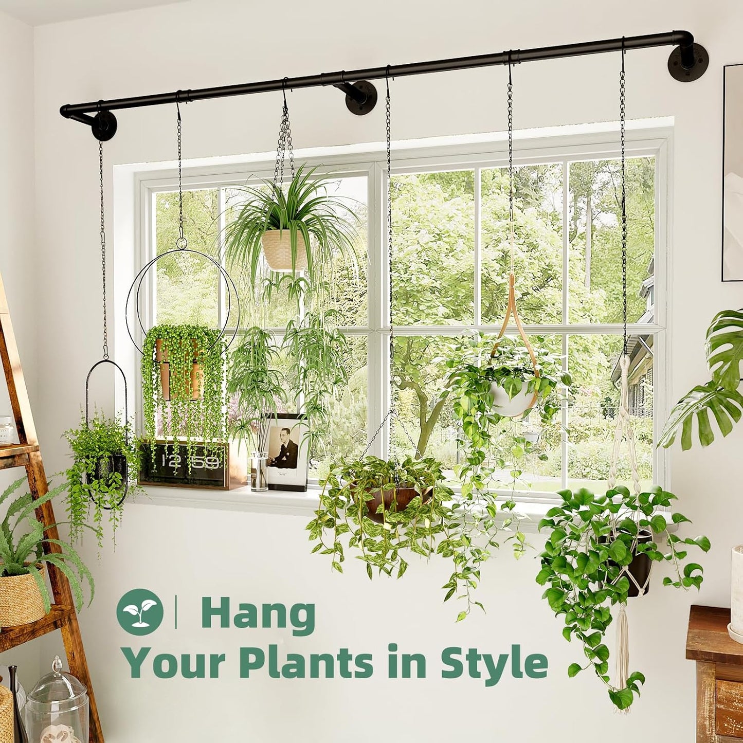 Plant Hanger Indoor with 6 Hanging Chains Hanging Planters for Indoor Plants Hanging Plant Holder Window Plant Rod Black Metal Shelves(70.8 Inch Pot not Included