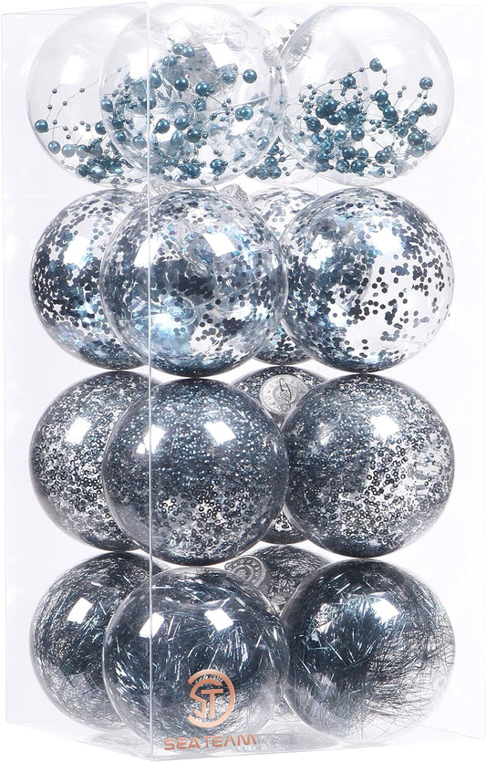 Sea Team Shatterproof Clear Plastic Christmas Ball Ornaments Decorative Xmas Balls Baubles Set with Stuffed Delicate Decorations (100mm/3.94 inch 16-Pack, Stone Blue)