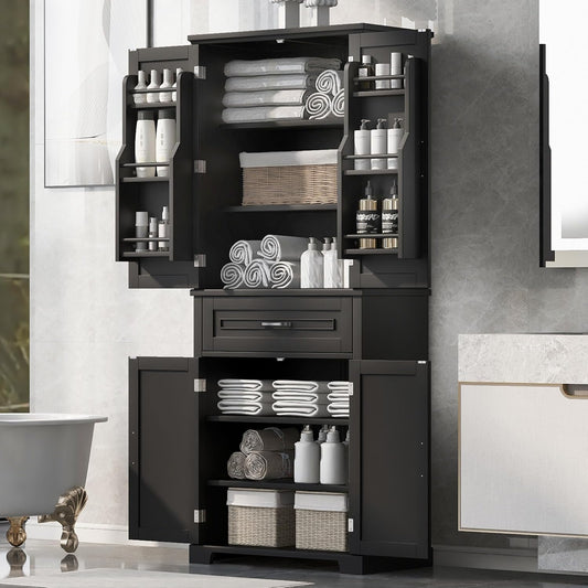 72.2" Tall Storage Cabinet with 4 Doors and Drawer, Freestanding Linen Cabinet, Wooden Pantry with Adjustable Shelf for Kitchen, Bathroom, Living Room Black