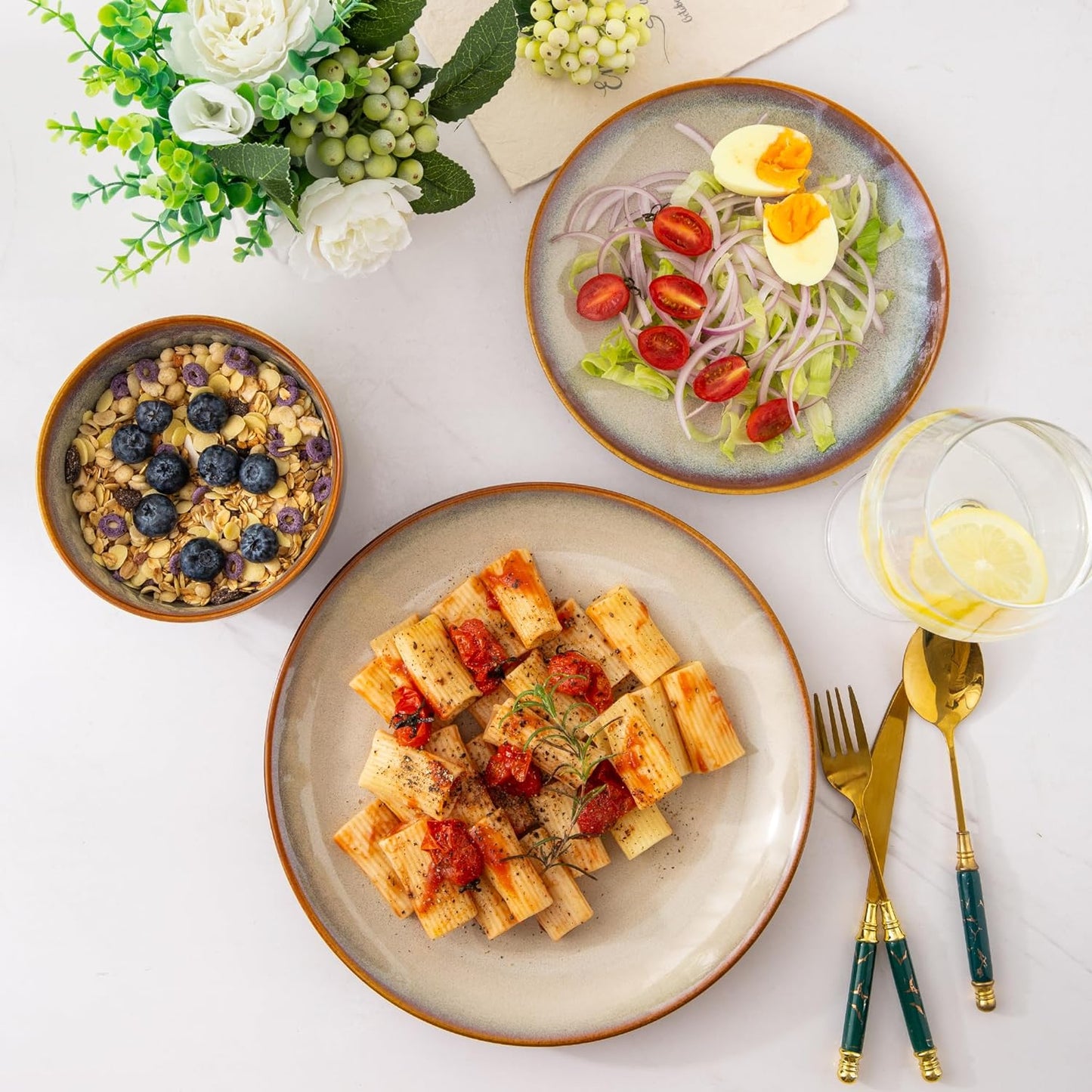 LERATIO Ceramic Dinnerware Sets for 8,Stoneware Plates and Bowls Sets,Handmade Reactive Glaze Dishes Set,Chip Resistant and Scratch Resistant | Oven&Dishwasher & Microwave Safe-Kahki (24PCS)