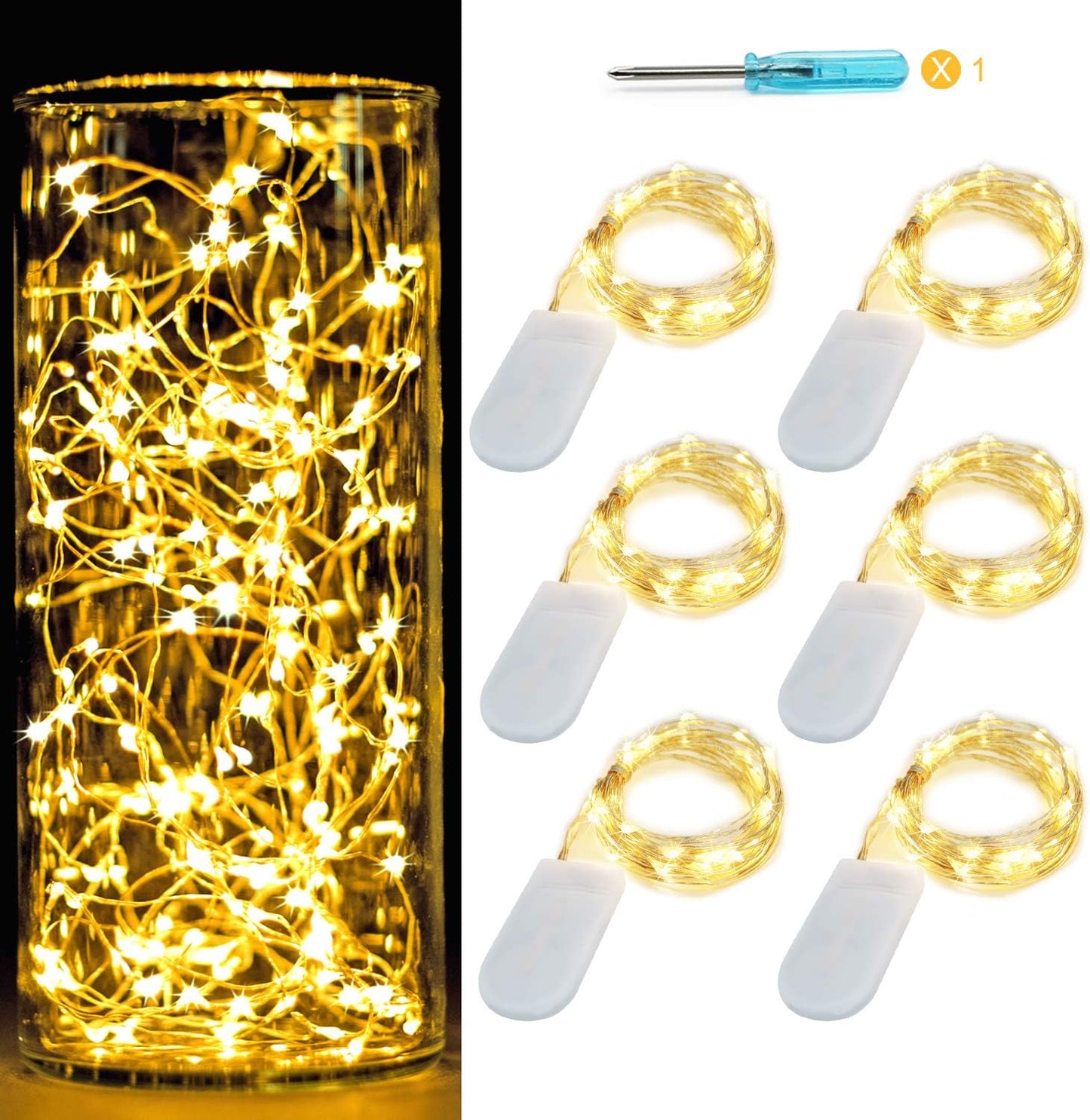 OakHaomie 6 Pack 10ft(3m) LED Starry String Lights 30 Micro LEDs on Silvery Copper Wire,2pcs CR2032 Batteries Required and Included, for DIY Wedding Centerpiece Table Decorations (Warm White)