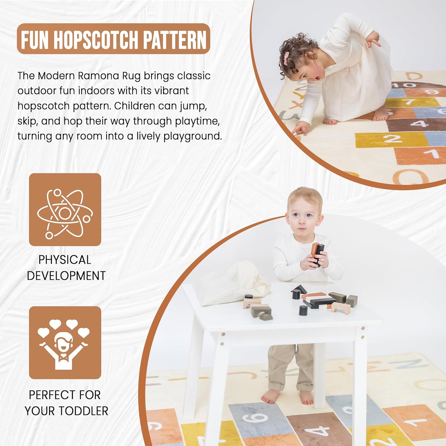 Washable Hopscotch Rug for Kids | Educational ABC & Numbers Carpet for Toddler Playroom or Classroom | 4.6' x 6.5' Non-Slip Play Mat | Neutral Decor