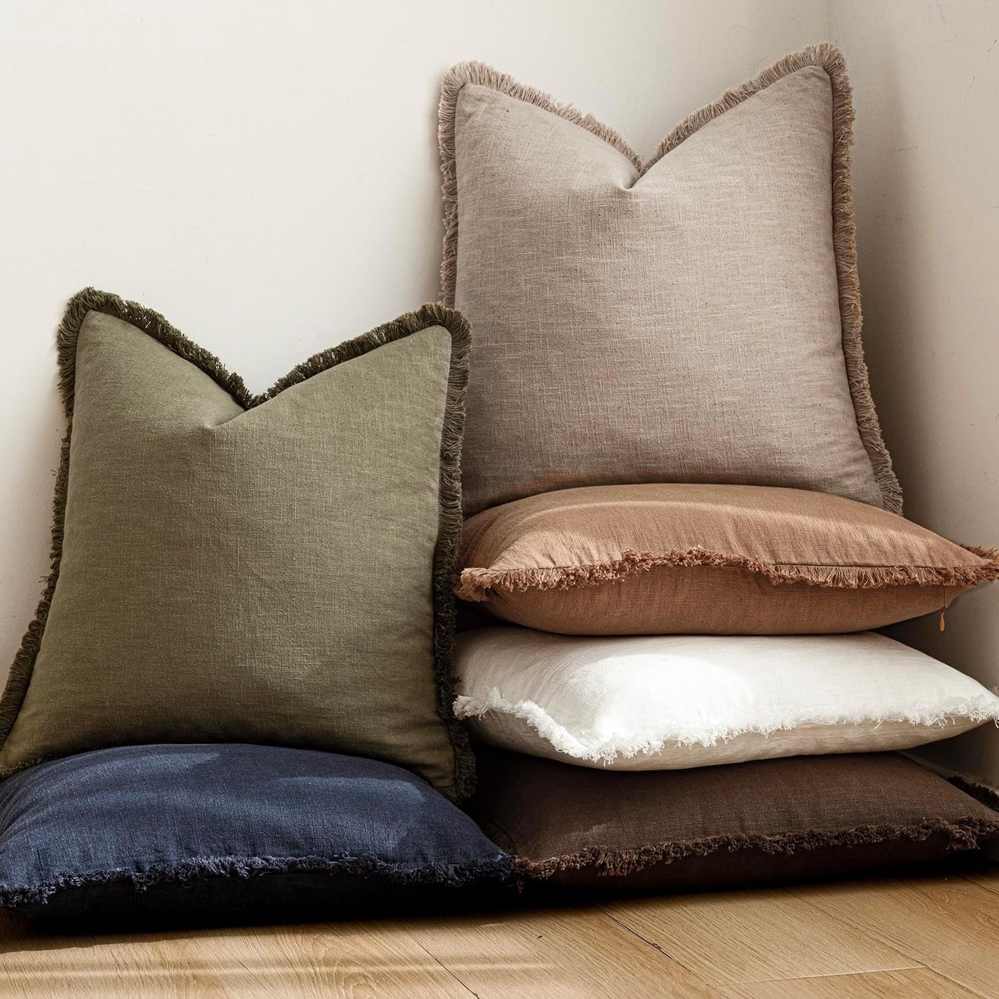 Foindtower Set of 2 Decorative Linen Fringe Throw Pillow Covers Farmhouse Cushion Cover with Tassels Soft Accent Pillowcase for Couch Chair Sofa Bed Living Room Home Decor,16×16 Inch,Natural Linen