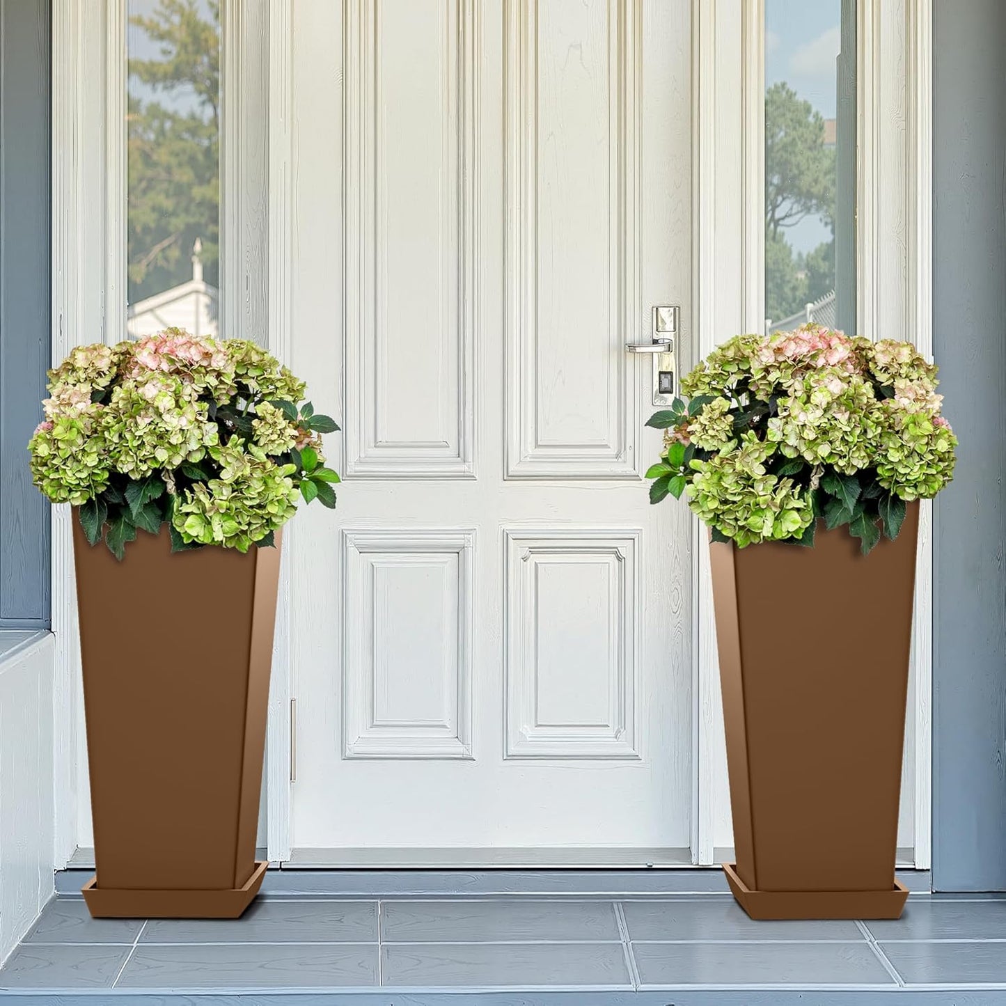 FENCY Set of 2 Tall Planters for Outdoor Plants, 24 Inch Large Tapered Pots with Drainage Trays, Weather-Resistant Plastic Plant Containers for Patio, Porch, Garden, Front Door Decor,Brown
