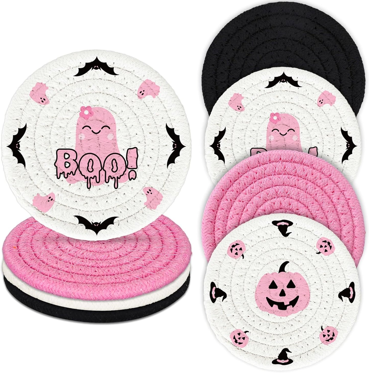 Whaline 4Pcs Halloween Handmade Braided Cotton Coasters Pink Black Pumpkin Ghost Boo Drink Coasters Absorbent Cup Coasters for Home Office Party Decor, 4.3 Inch