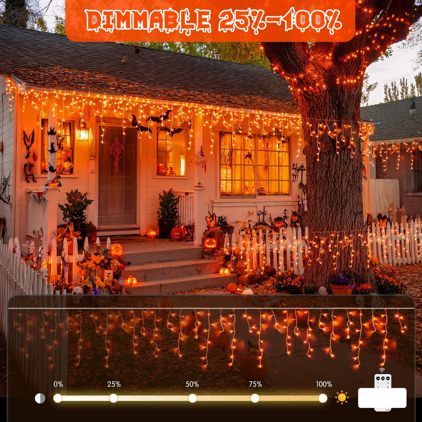 JMEXSUSS Orange Halloween Lights Outdoor, 38.8 FT 400 LED Orange Icicle Lights Outdoor Waterproof, 8 Modes String Light Plug in for Fireplace Tree Garden Patio Thanksgiving Fall Halloween Decor