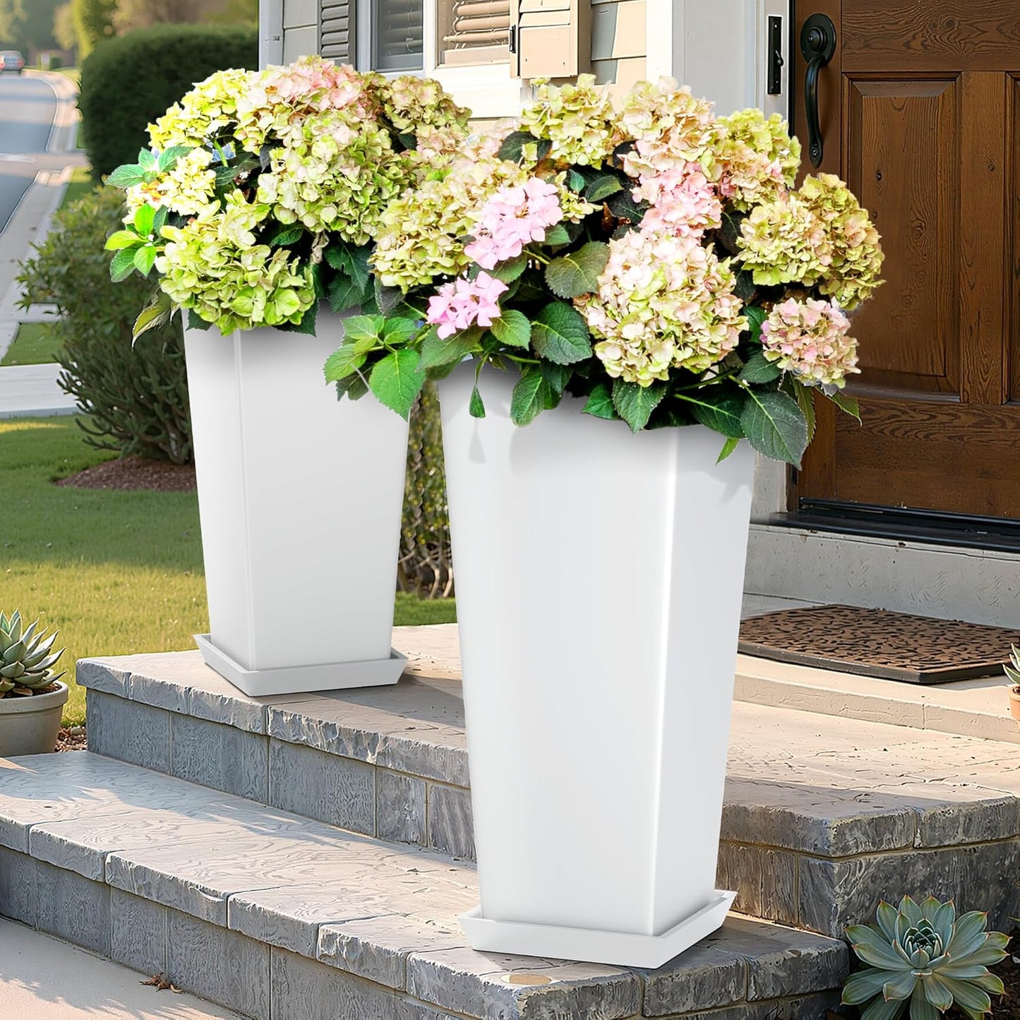 FENCY Set of 2 Tall Planters for Outdoor Plants, 24 Inch Large Tapered Pots with Drainage Trays, Weather-Resistant Plastic Plant Containers for Patio, Porch, Garden, Front Door Decor,White