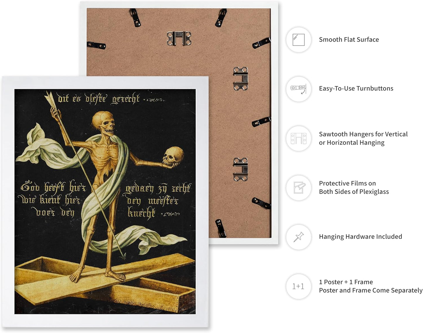 Poster Master Vintage Medieval Poster - Retro Gothic Print - Gift for Artist, Friend - Allegory of Life and Death, Skeleton, Dark, Skull - Wall Decor for Home, Living Room, 11x14 White Framed