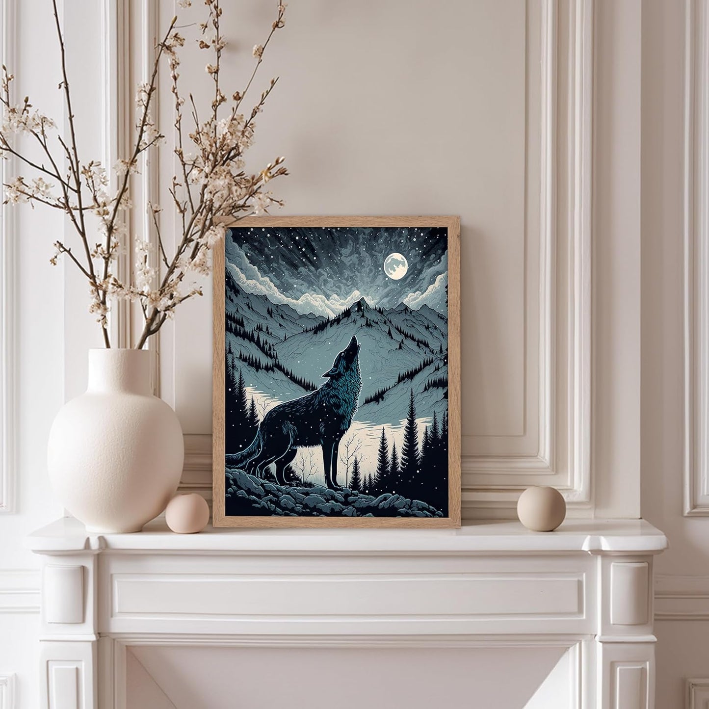 Poster Master Vintage Illustration Poster - Retro Animal Print - Gift for Artist, Friend - Wolf Howling at the Moon, Mountain, Snow, Landscape - Wall Decor for Home, Office, 11x14 Beige Framed