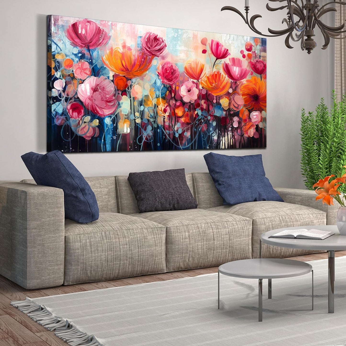 ENTANUB Flower Wall Art for Living Room, Pink Canvas Print Painting for Bedroom, Floral Picture Artwork, Large Decor Size 60x30 Inches