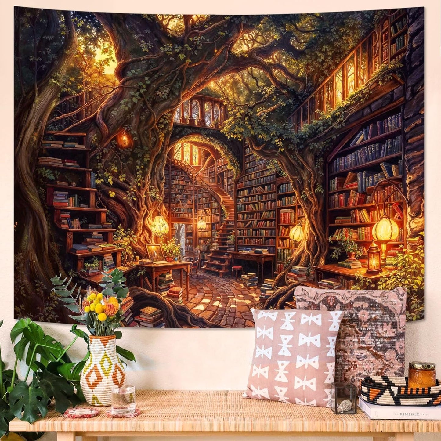 Accnicc Forest Library Tapestry Tree Bookshelf Tapestries Wall Hanging Vintage Fantasy Fairy Treehouse Book Large Tapestry for Bedroom Living Room Dorm Classroom 60 x 44 inch