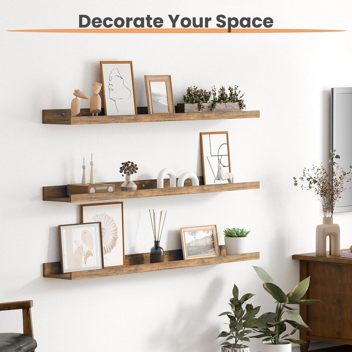 upsimples Floating Shelves for Wall, Wall Shelves for Decor Storage Set of 6, Wall Mounted Wood Shelf for Bedroom, Living Room, Bathroom, Kitchen, 35.5 inch Long Picture Ledge Shelf, Brown