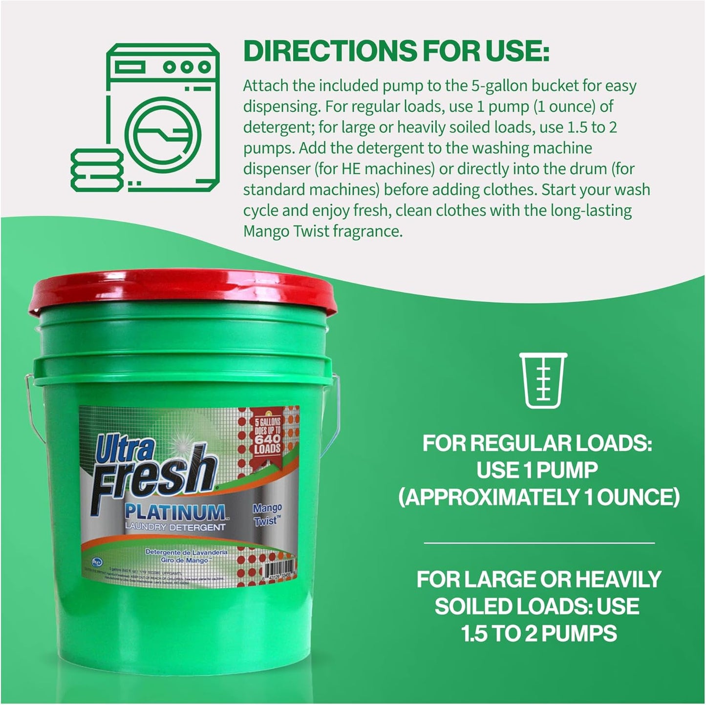 Ultra Fresh 5 Gallon Liquid Laundry Detergent Washing Soap for All Machine Types, 3X Platinum, Up to 640 Loads, Mango Twist