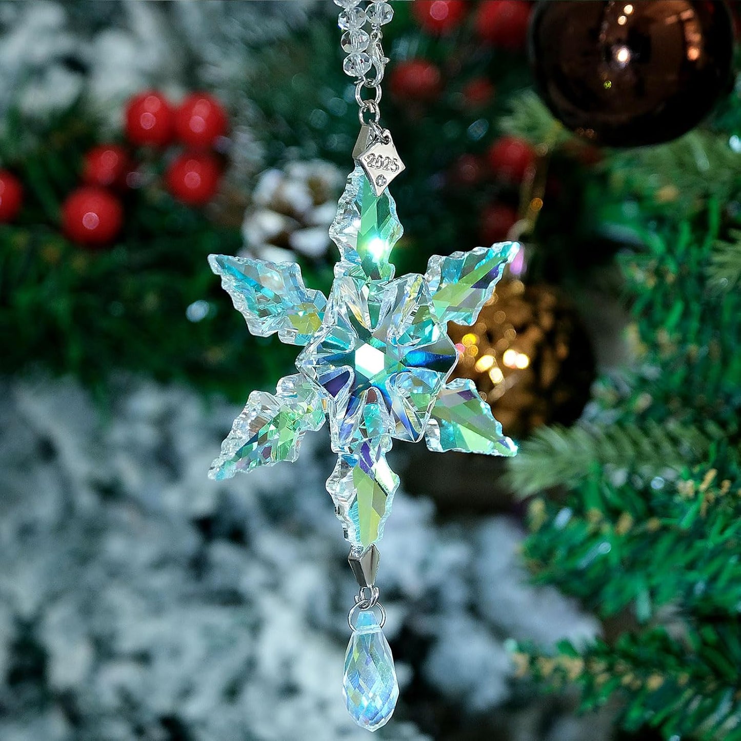 2025 Annual Christmas Ornaments Crystal Snowflake Star - Christmas Tree Ornaments Pendant Sun Catcher Home Hanging Decor (2025 Colored Crystal 2 Layers)