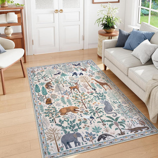 OJIA Jungle Print Washable Area Rugs 5x7, Soft Modern Rugs for Living Room Ultra-Thin Non-Shedding Bedroom Rug, Stain Resistant Neutral Area Rug Large Carpet for Dining Room Kids Nursery Playroom