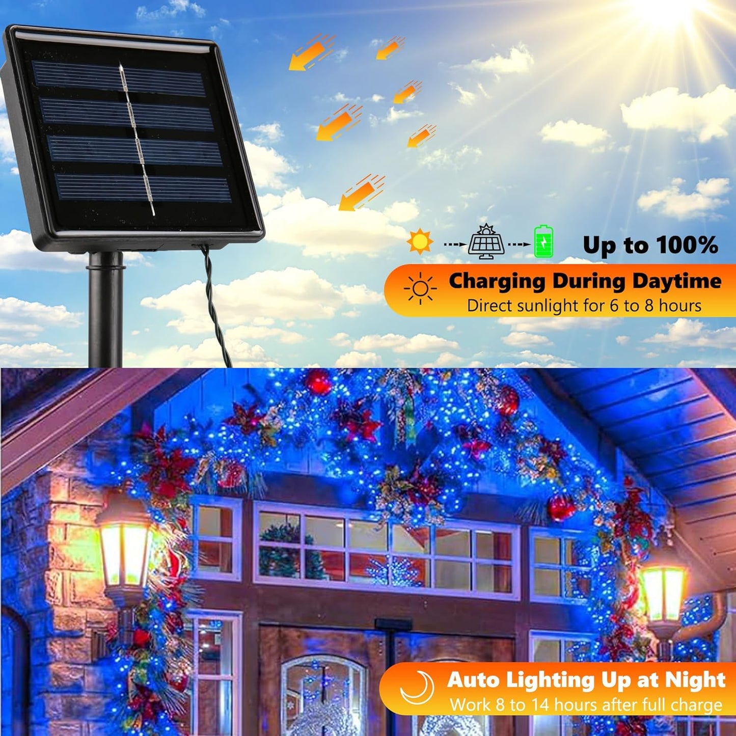 Joomer Blue Solar Christmas Lights, 2 Pack Total 144 FT 400 LED 8 Modes Waterproof Outdoor for Christmas Decorations