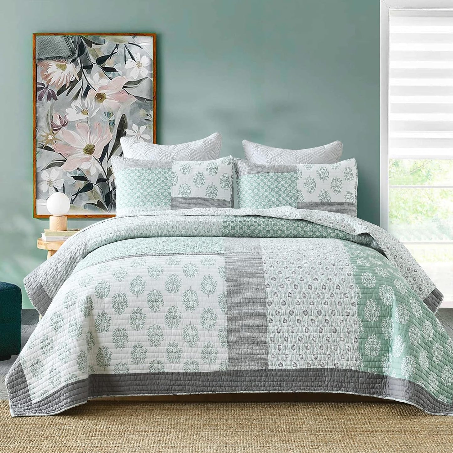 PANGUSHAN Quilt Set King Size, 100% Cotton Bedspread Quilt Bedding Set, Patchwork Reversible Floral Quilt for King Bed, Green/Grey/White Bed Spread, Lightweight Comforter for All Season, 3 Pieces