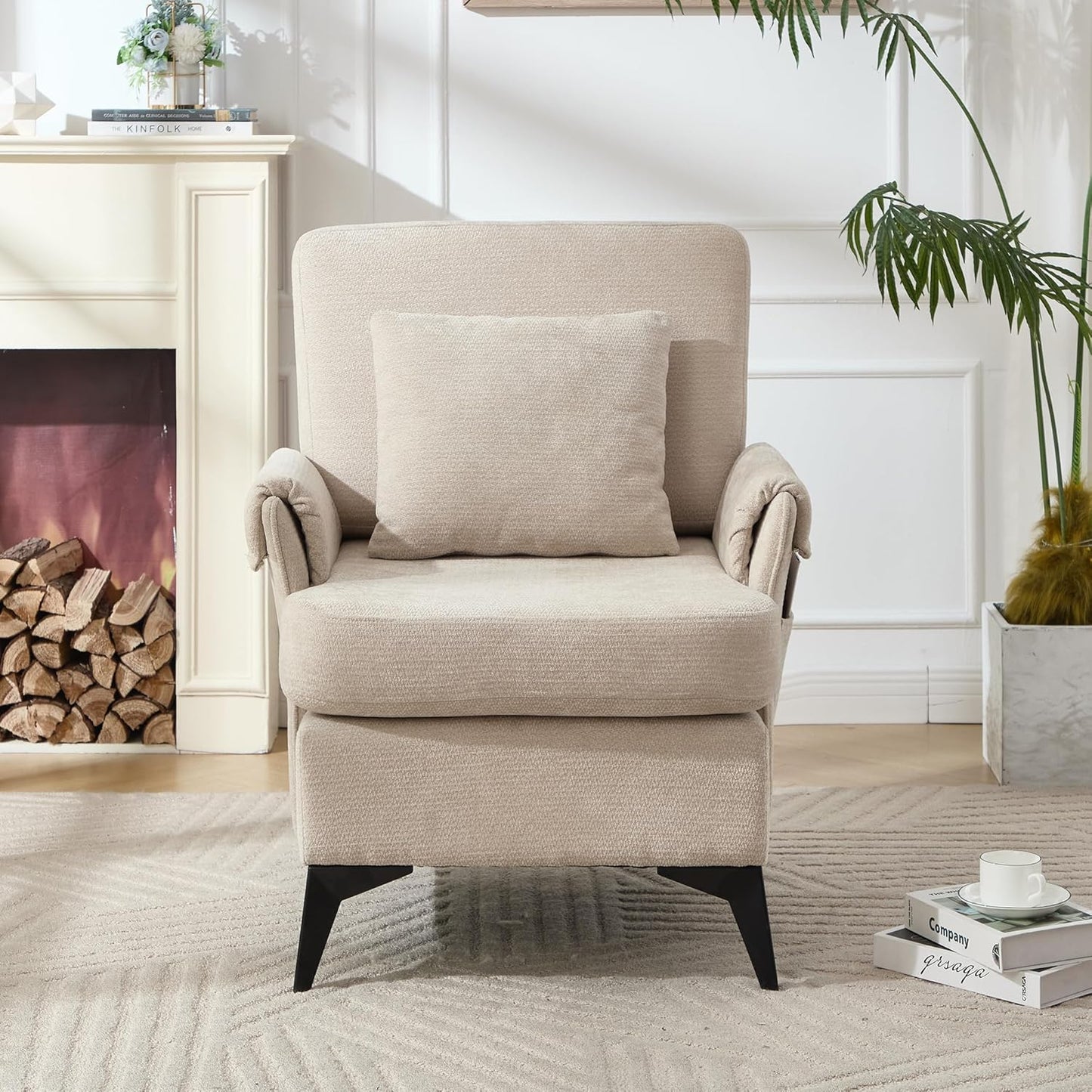 KCC Mid-Century Accent Chairs Set of 2,Chenille Modern Upholstered Single Sofa,Cozy Armchair with Back for Bedroom/Office/Cafe,Begie