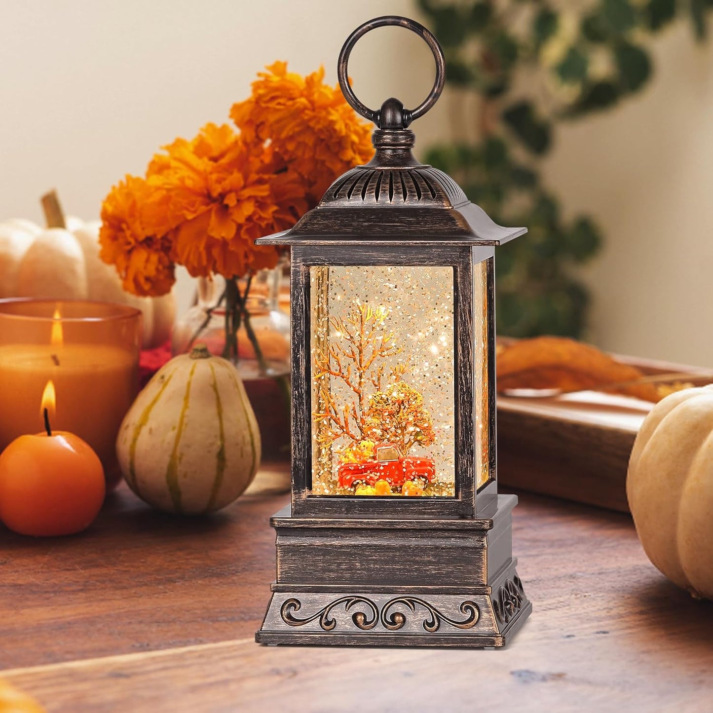 Fall Snow Globe Red Truck Lantern, Glitter Lighted Snow Globes Fall Decorations for Home, Light Up Snowglobe Fall Décor