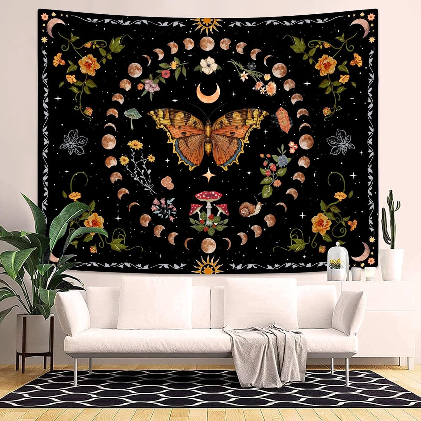 Aipon Orange Butterfly Moon Flower Tapestry Botanical Floral Plant Boho Tapestry for Bedroom Aesthetic Vintage Tapestries Wall Hanging for Living Room Dorm (36.00" x 48.00", Orange)