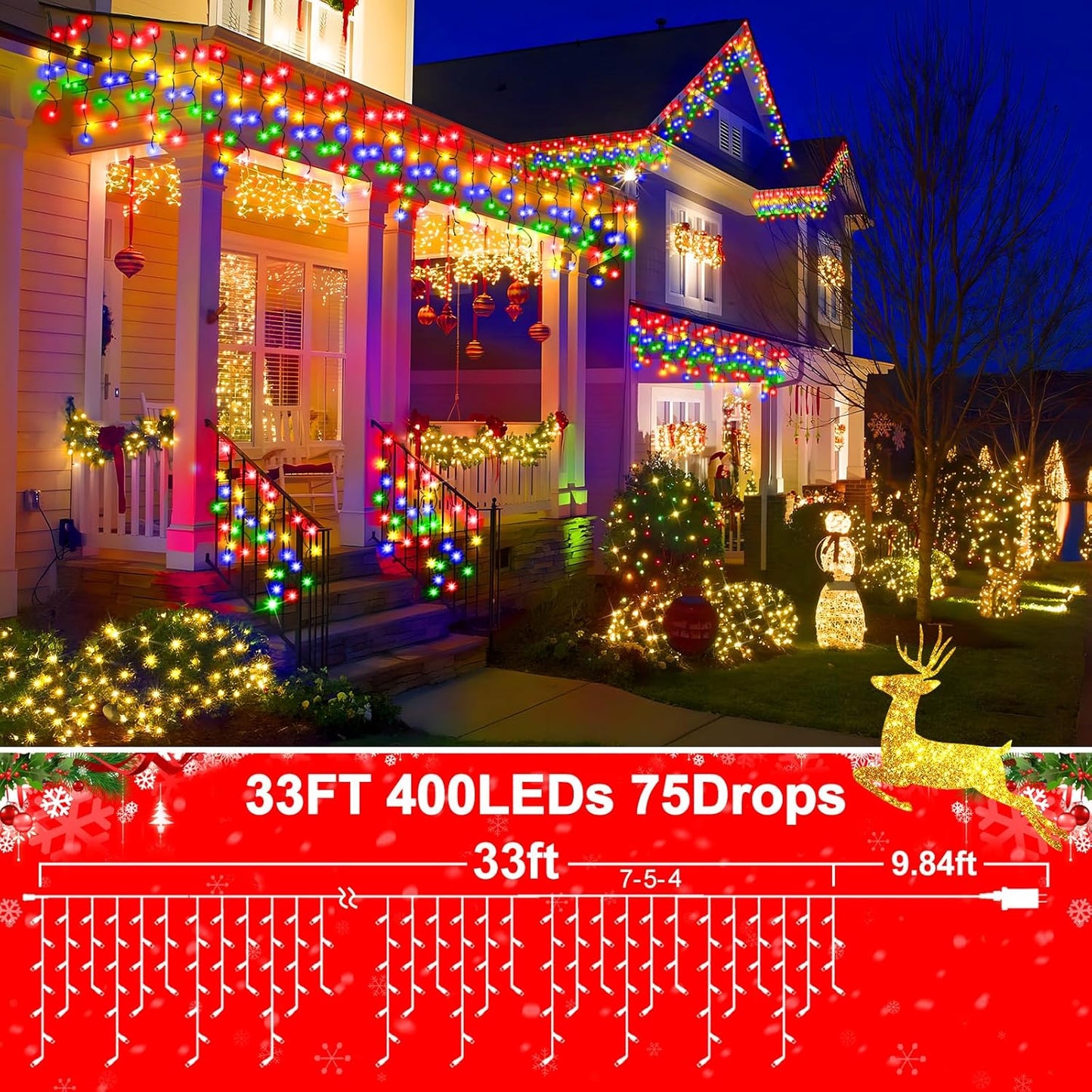 KNONEW 33FT 400 LED Christmas Lights Outdoor Black Wire String Lights with 75 Drops, 8 Lighting Modes, Timer Memory Function Connectable Hanging Curtain Lights for Halloween Party Decor(Multicolor)