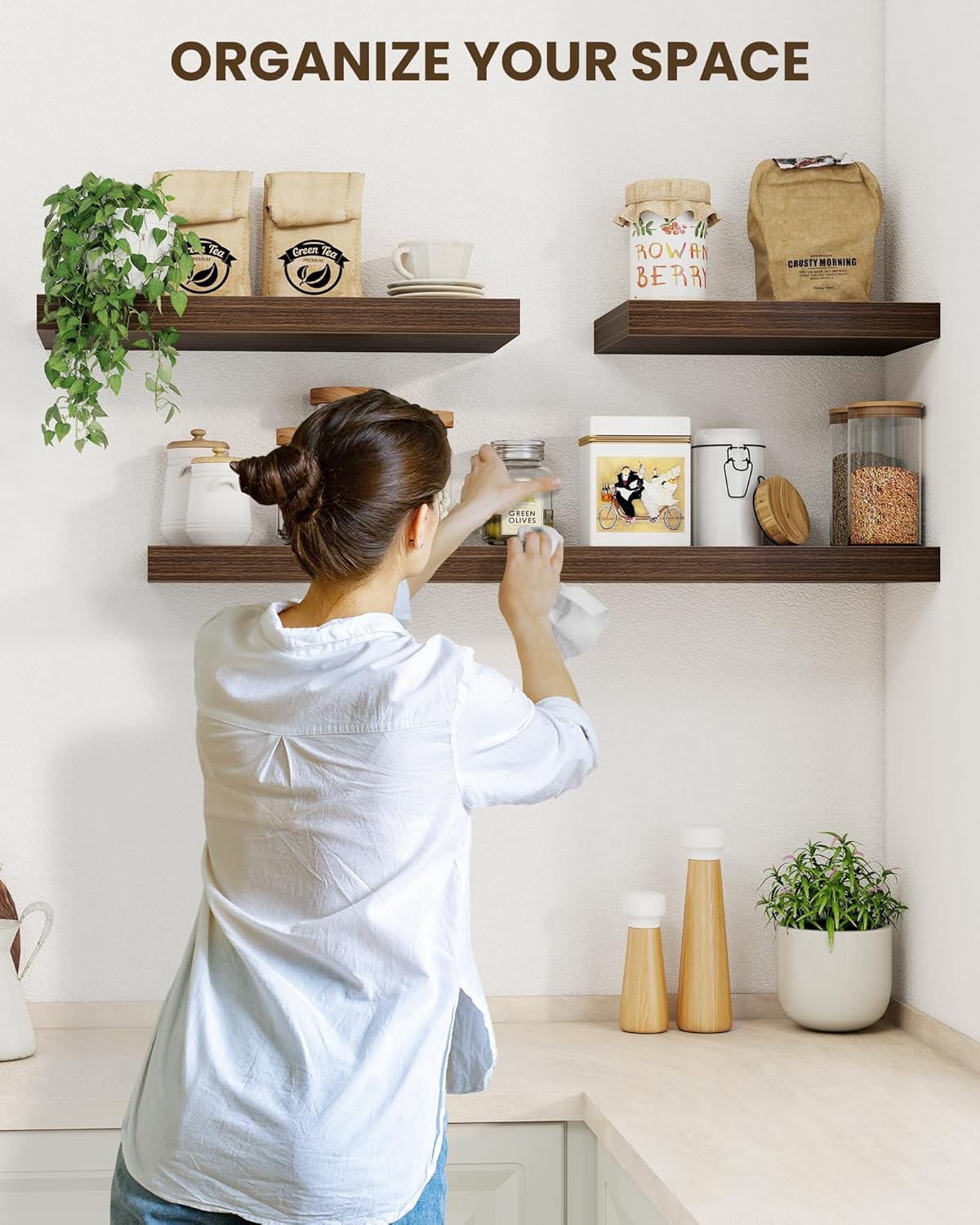 Marsmiles 48" Floating Shelves for Wall, Wooden Shelves with Invisible Brackets Set of 2, Rustic Farmhouse Wall Mounted Shelf for Kitchen Bathroom Living Room Study, Walnut